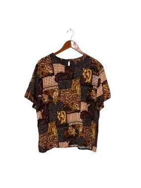 Vintage Willow Ridge Womens Patchwork‎ Print Top Short Sleeve Brown Beige Retro